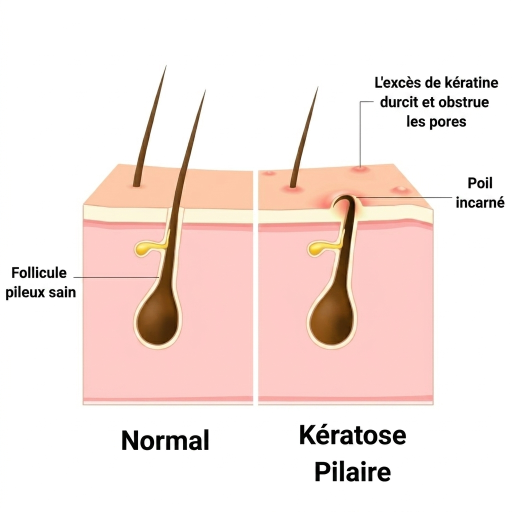 Schéma anatomique : follicule pileux sain vs follicule obstrué et poil incarné